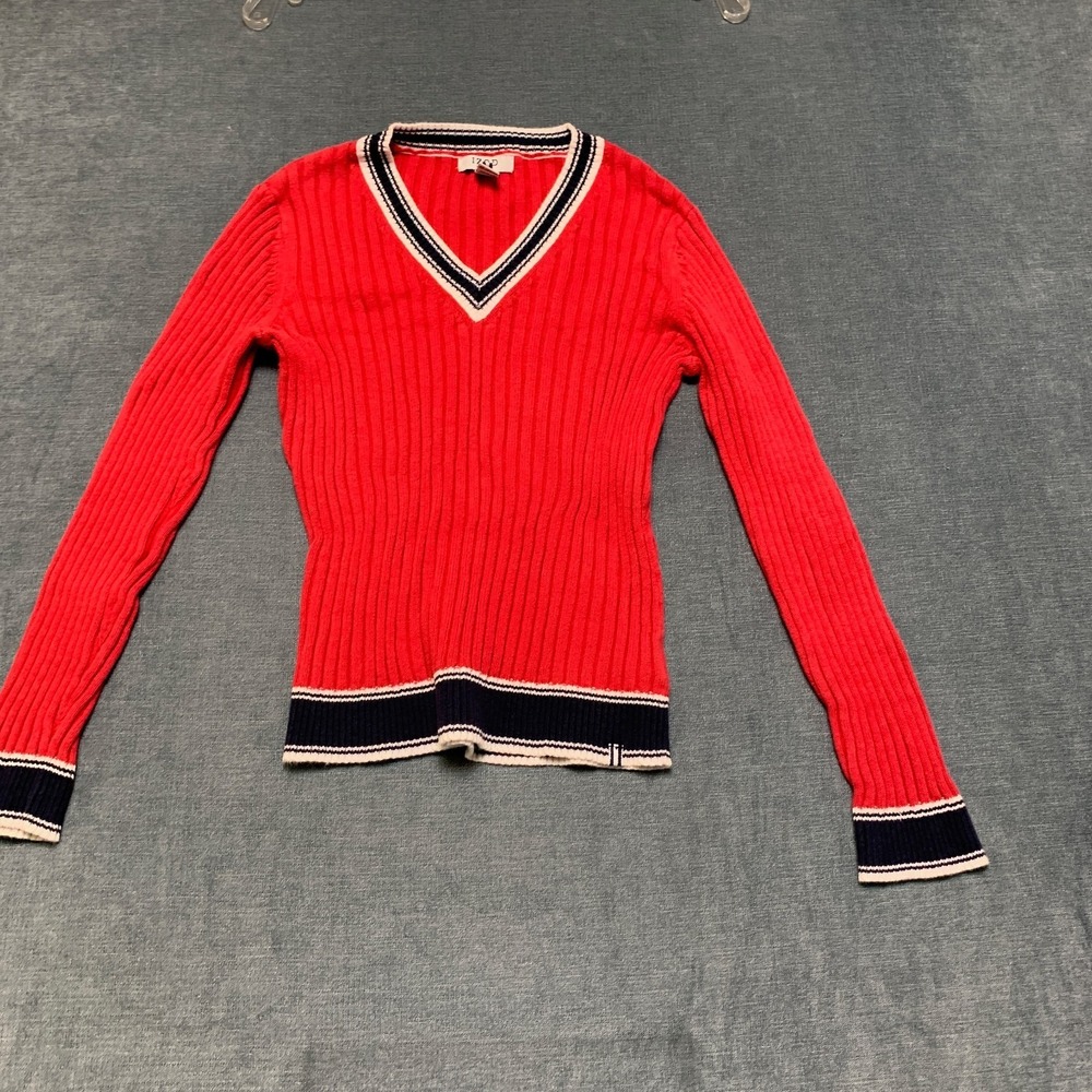 Izod Sweater Womens Petite Small Red Ribbed Knitted V Neck Long Sleeve Pullover